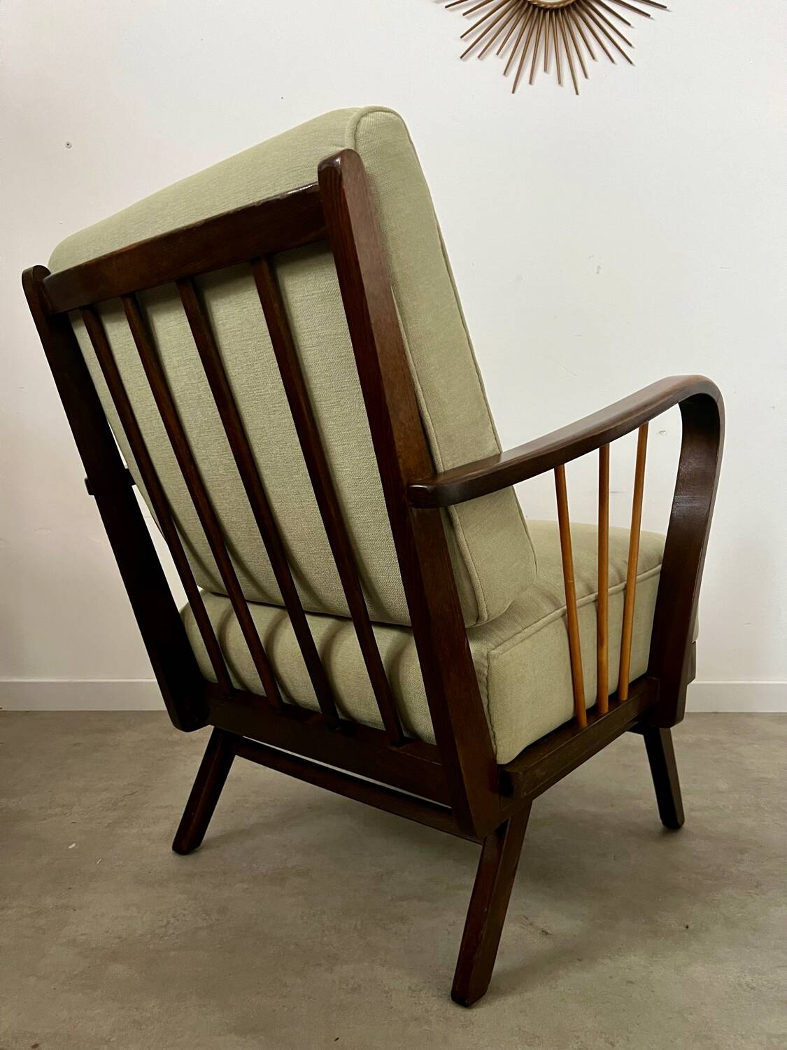 Set 2 old designer fireside chairs from the 50s wood and vintage fabric