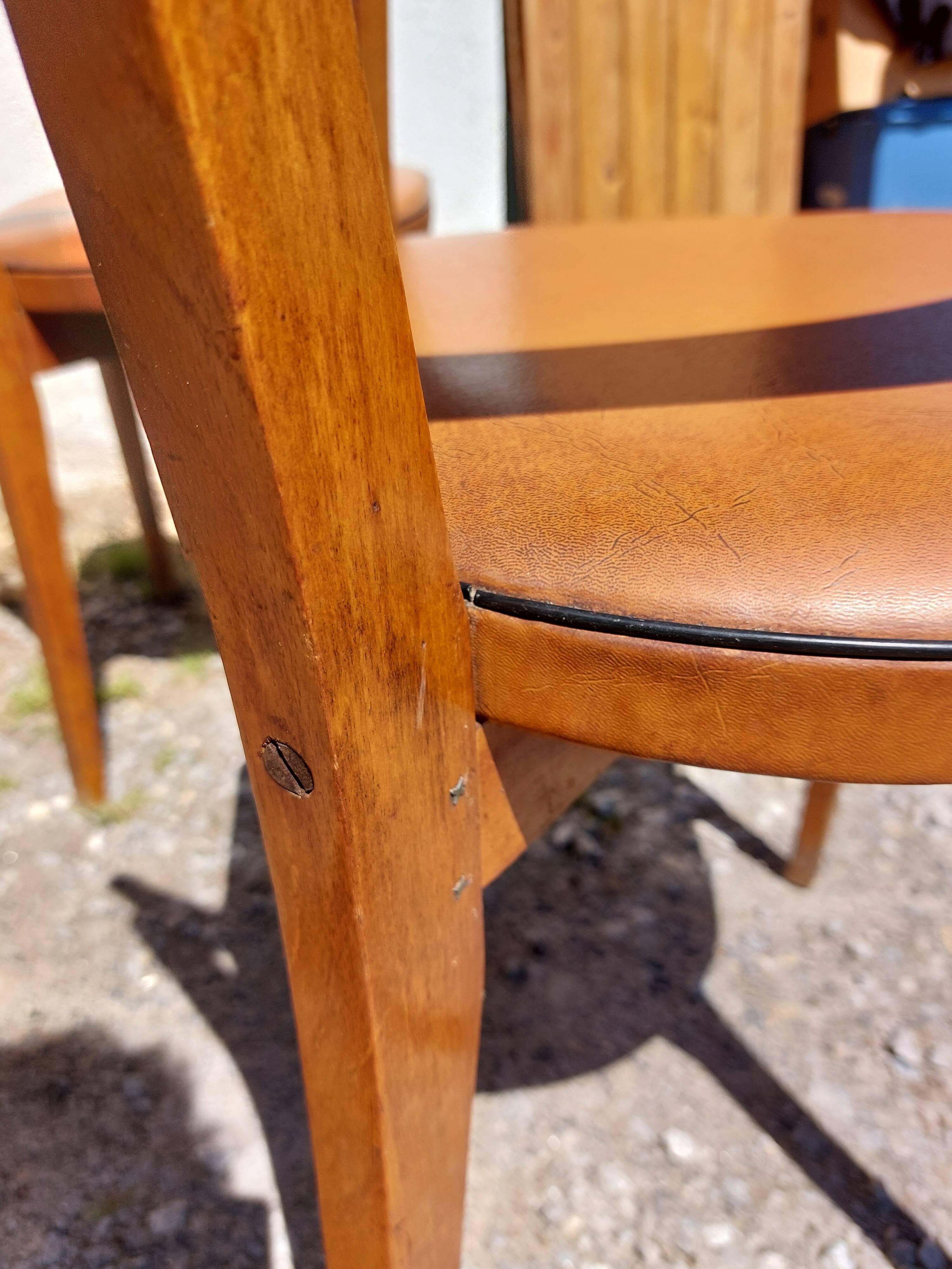 6 vintage 1960s wooden bistro chairs with camel faux leather.