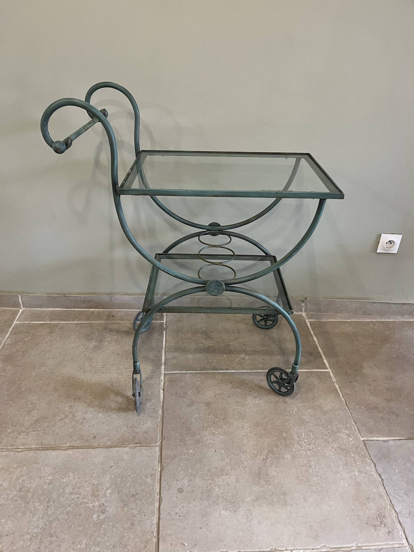 Patinated green-grey wrought iron dessert table