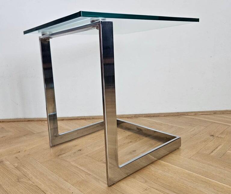 Midcentury Design Cantilevered Glass & Chrome Side Coffee Table, 1980s
