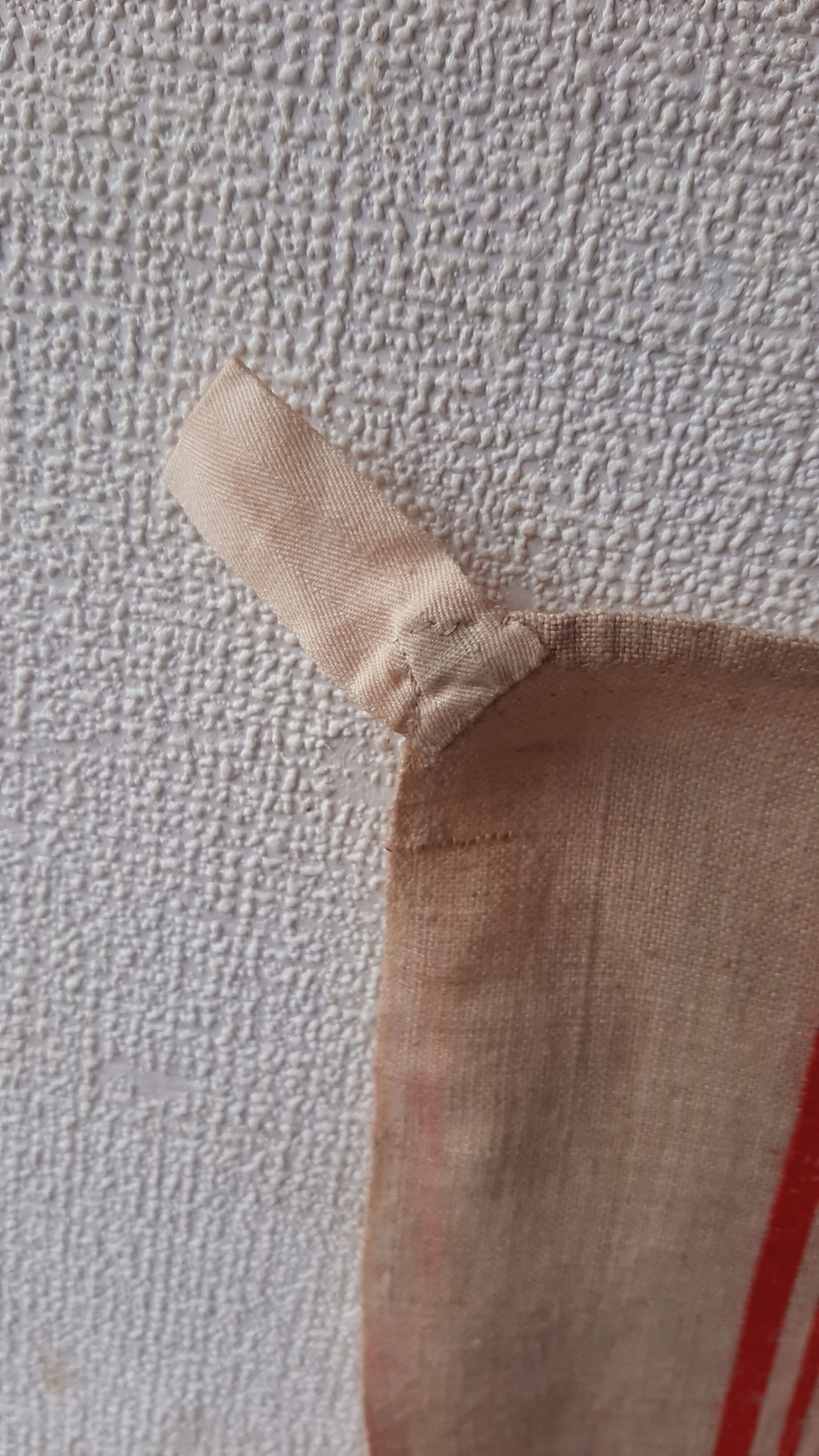 6 old linen tea towels ecru red stripes monogram b.c.