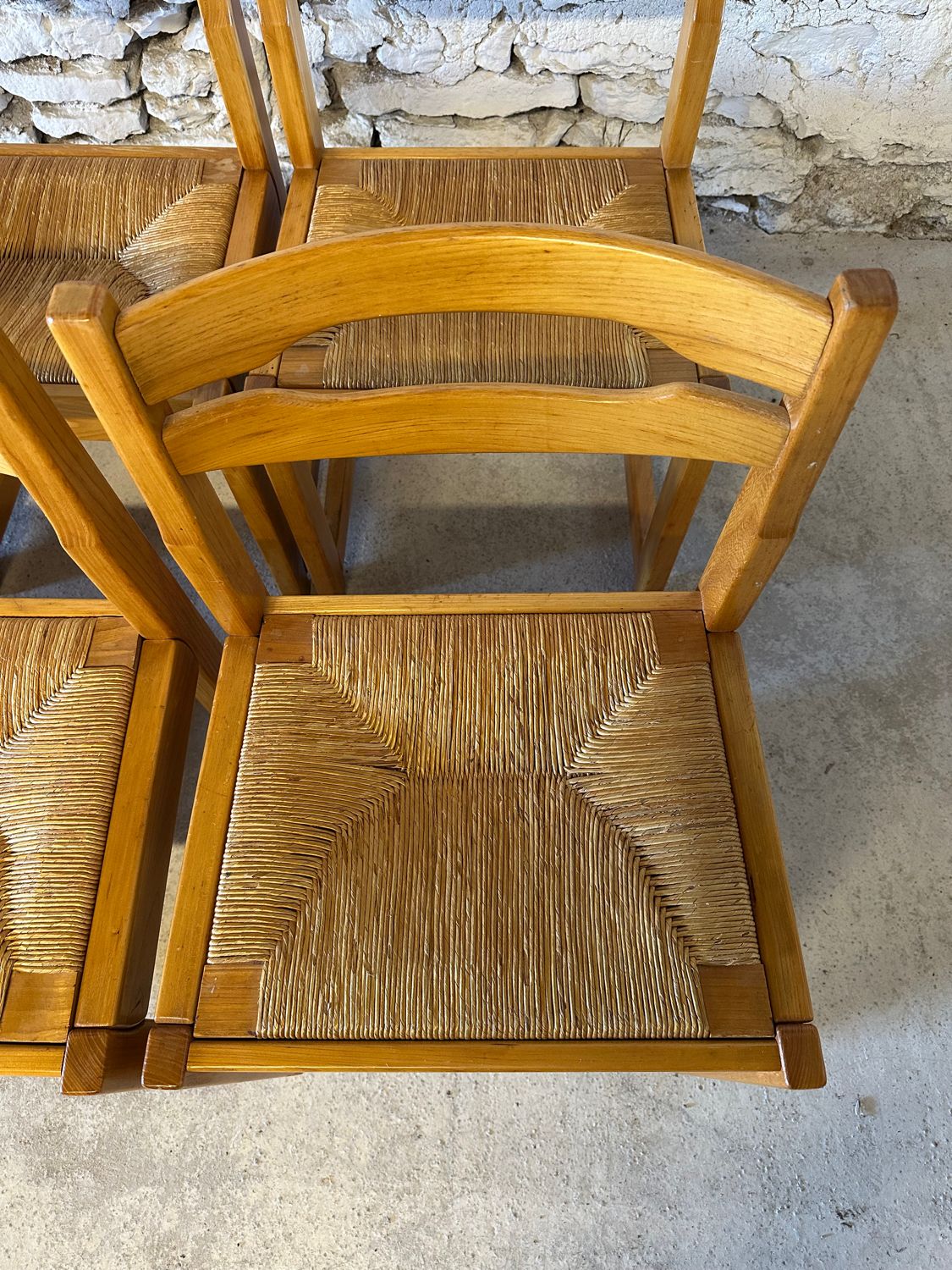 6 Regain House chairs - Elm and straw - 1980 - Vintage - Brutalist