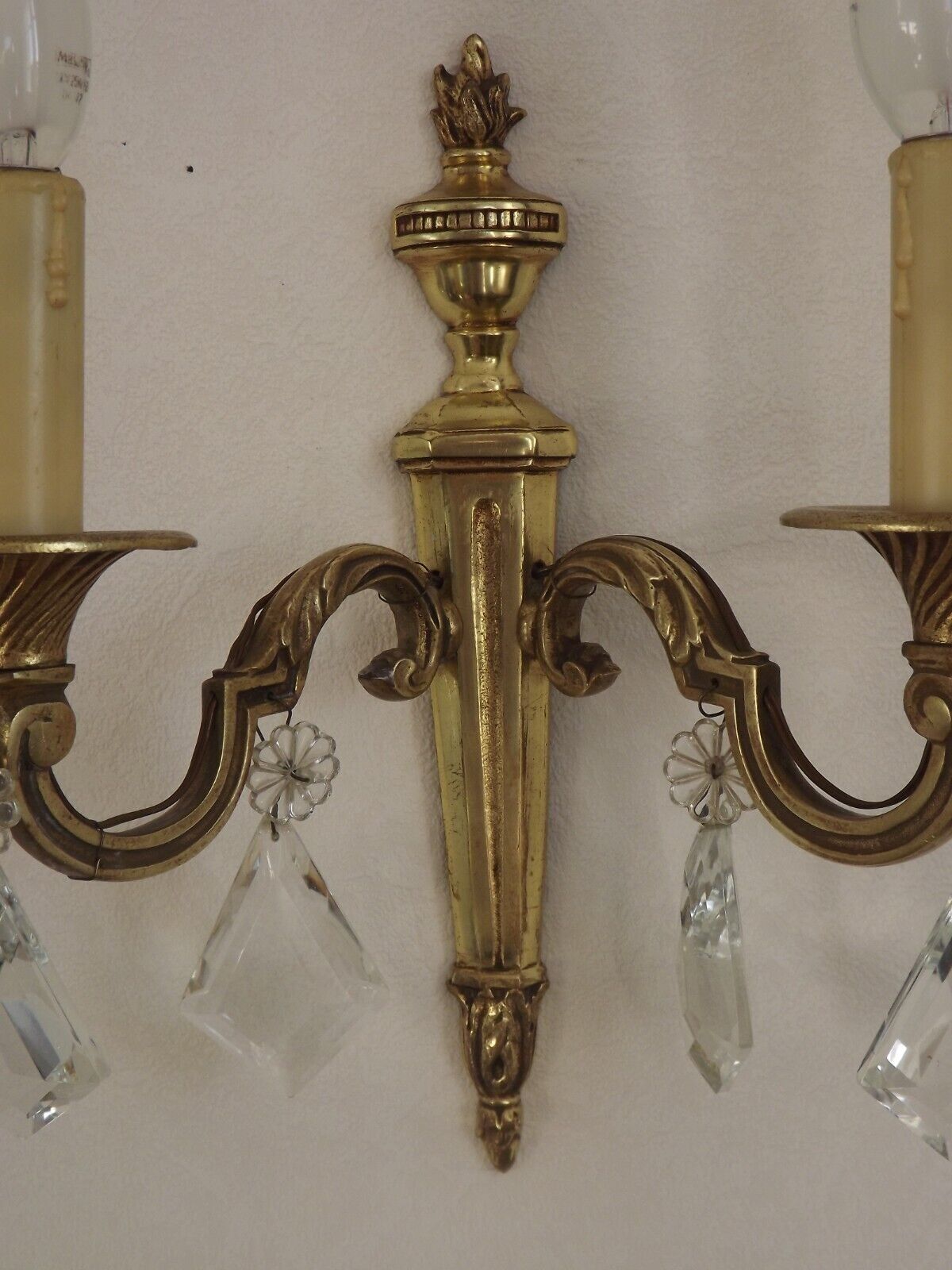 French Pair of Double Empire Brass Wall Sconces with Diamond Crystal Drops