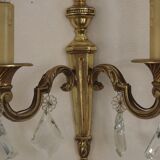 Paire française d'appliques murales double empire laiton avec gouttes de cristal diamant