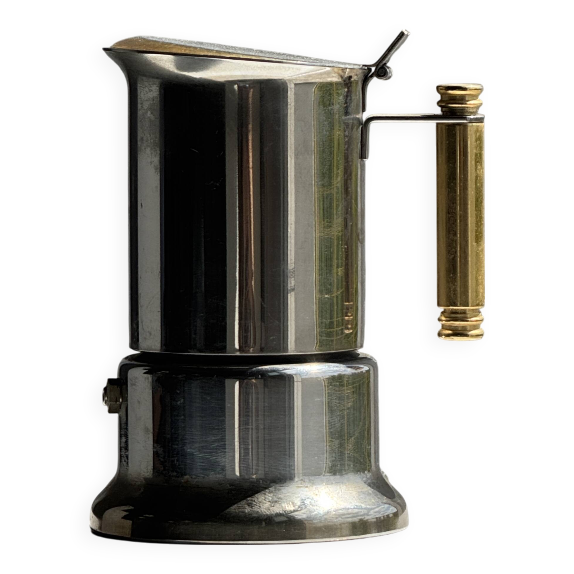Small silver and gold Italian coffee maker Alpu-F Puppieni in stainless steel