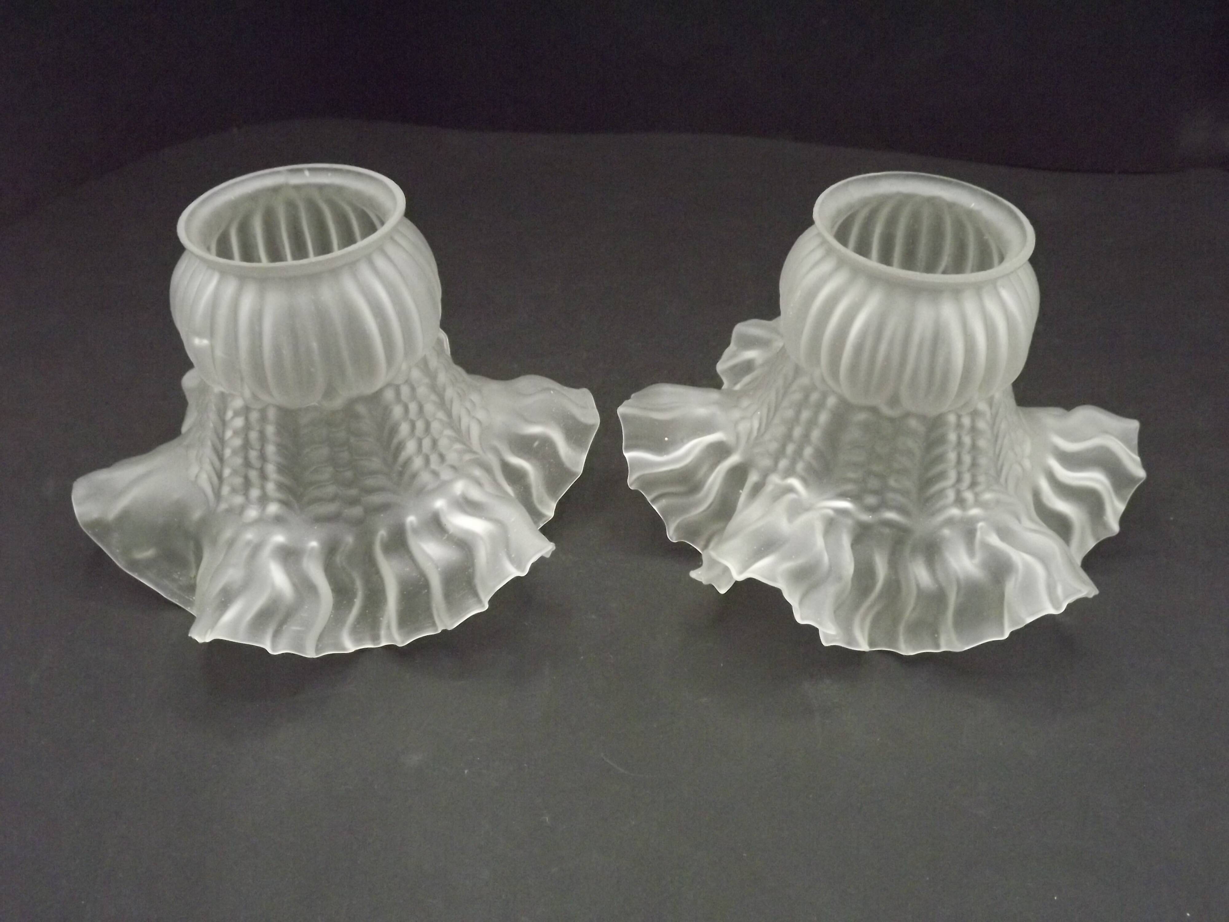 Pair French 1930s White Opaque Patterned Glass Replacement Shades 0161