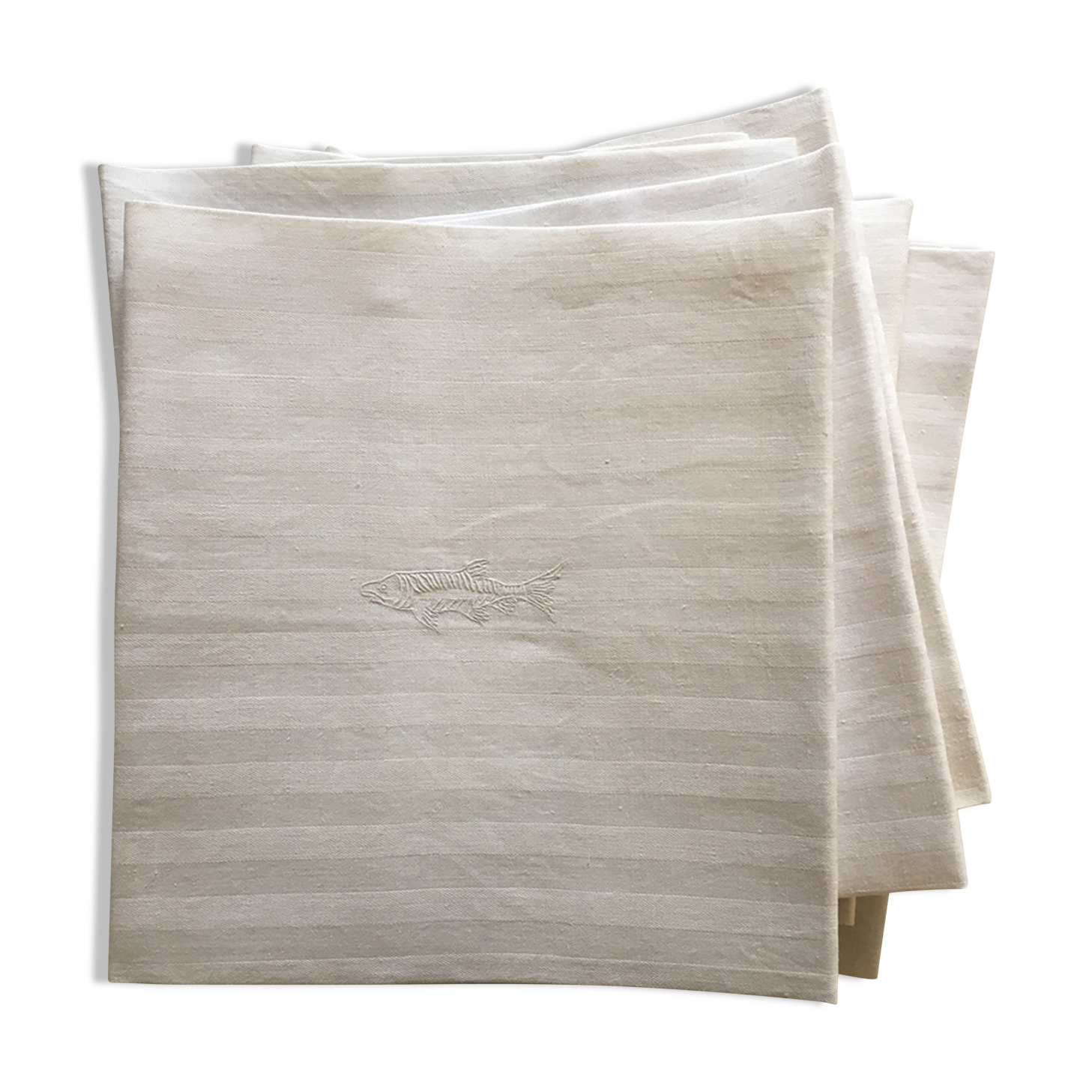 set of 6 19th damask linen napkins embroidered to a fish