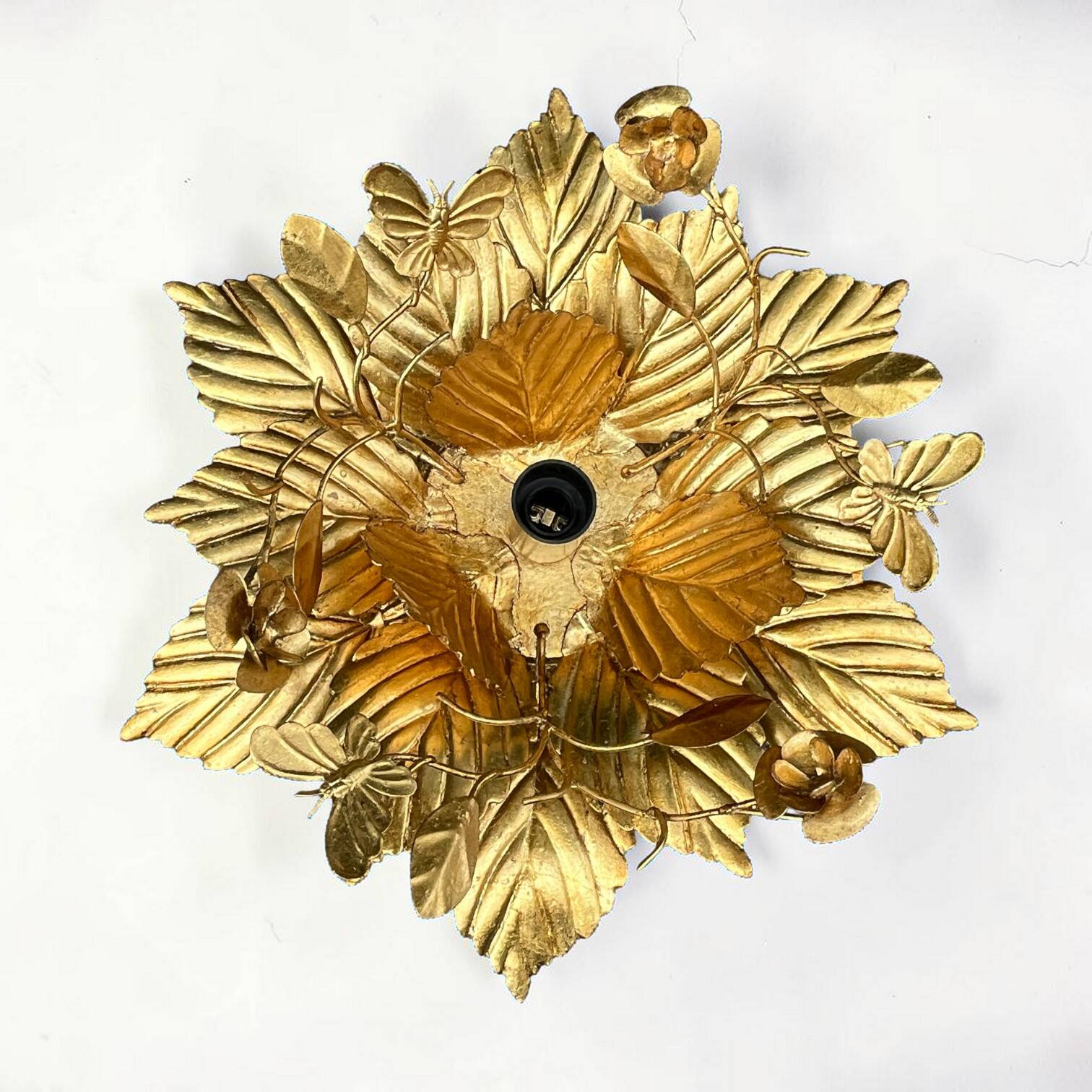 Vintage gold leaf metal flower wall light Florentine wall sconce