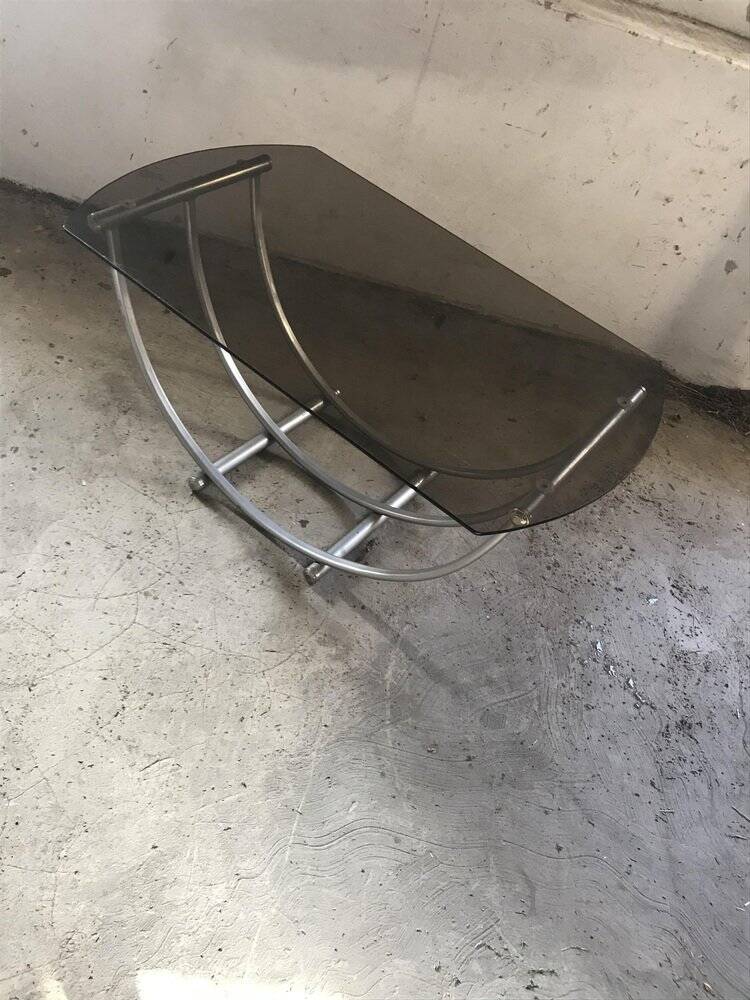 Bauhaus style coffee table in smoked glass and silver metal, Italy 1960s