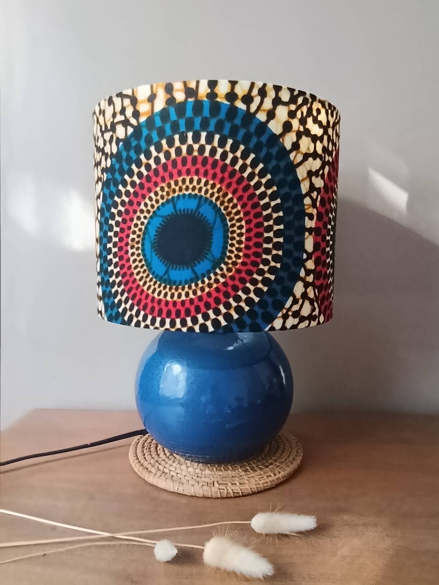blue ceramic lamp | ethnic printed wax lampshade
