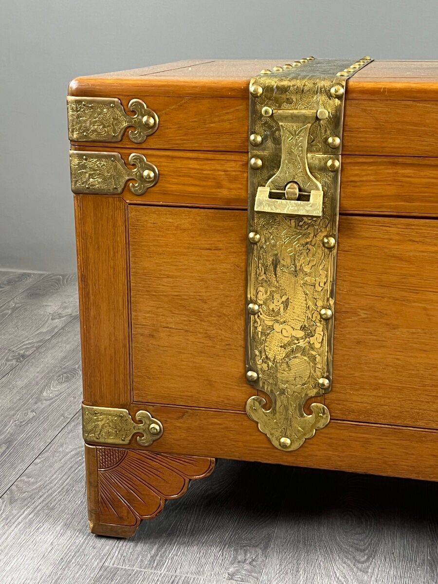 Pair of wooden and engraved brass chests, 20th century