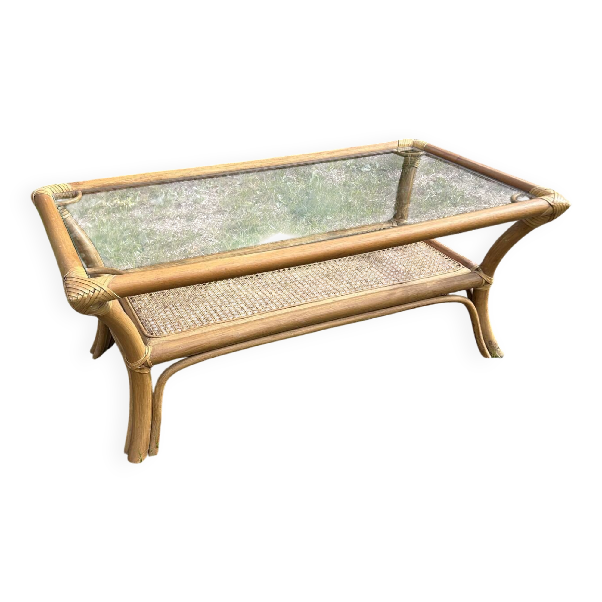 Light rattan coffee table with vintage 1970s caning.