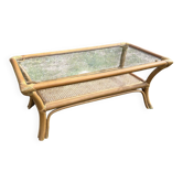 Table basse rotin clair et cannage vintage 1970 