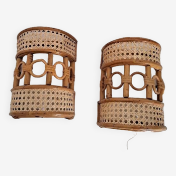 Pair of bamboo and cane wall lights