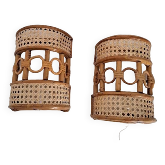Pair of bamboo and cane wall lights