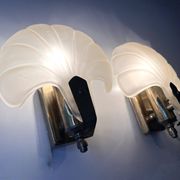 Pair of vintage shell glass wall lights, Art Deco style fixtures.