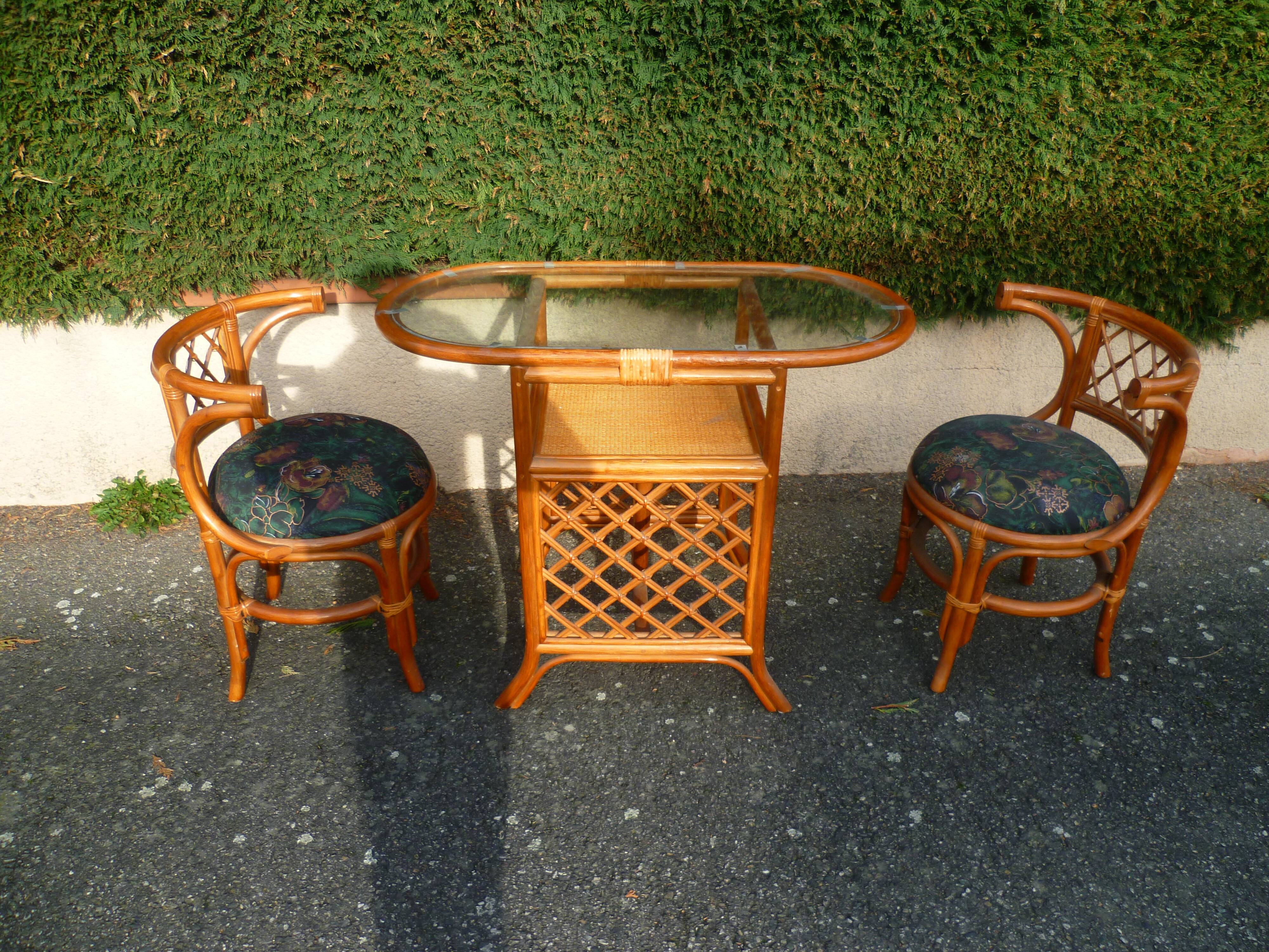 Rattan set table + 2 vintage armchairs 1980