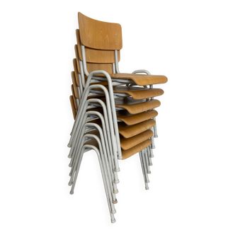 Set of 7 school chairs in wood and gray white steel Netherlands 80s