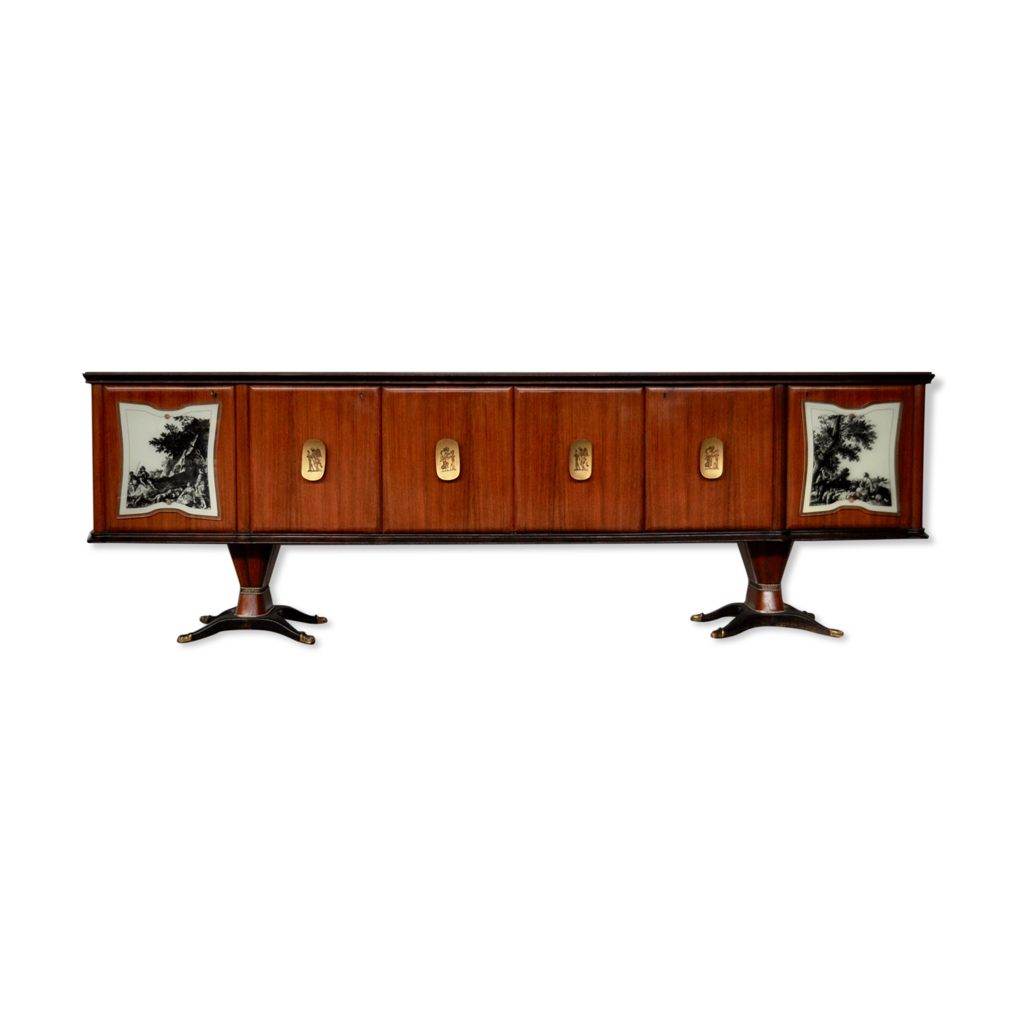 Mahogany, Pearwood, Brass & Marbled Back-Lacquered Glass Top Sideboard with Mirror from F.lli Rigamo