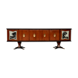 Mahogany, Pearwood, Brass & Marbled Back-Lacquered Glass Top Sideboard with Mirror from F.lli Rigamo