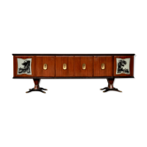 Mahogany, Pearwood, Brass & Marbled Back-Lacquered Glass Top Sideboard with Mirror from F.lli Rigamo