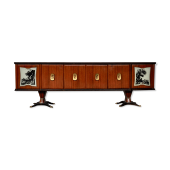 Mahogany, Pearwood, Brass & Marbled Back-Lacquered Glass Top Sideboard with Mirror from F.lli Rigamo