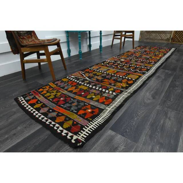 1970s Vintage Turkish Oushak Handmade Wool Cotton Brown Runner Rug 95x367