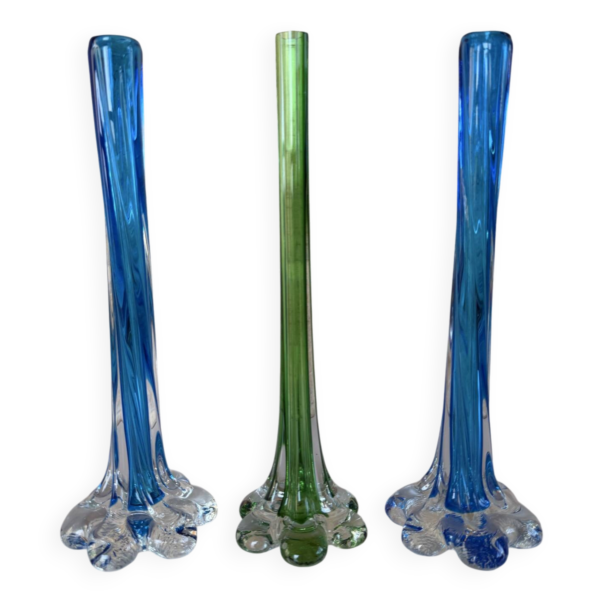 Trio de soliflore vase Murano vintage – verre soufflé bleu & vert – It