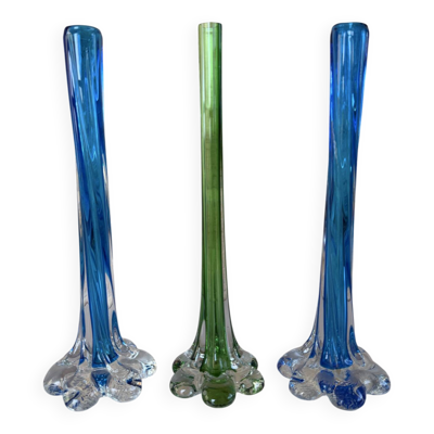 Trio de soliflore vase Murano vintage – verre soufflé bleu & vert – It