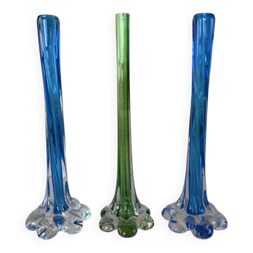 Vintage Murano trio of soliflore vases – blown glass in blue & green – It