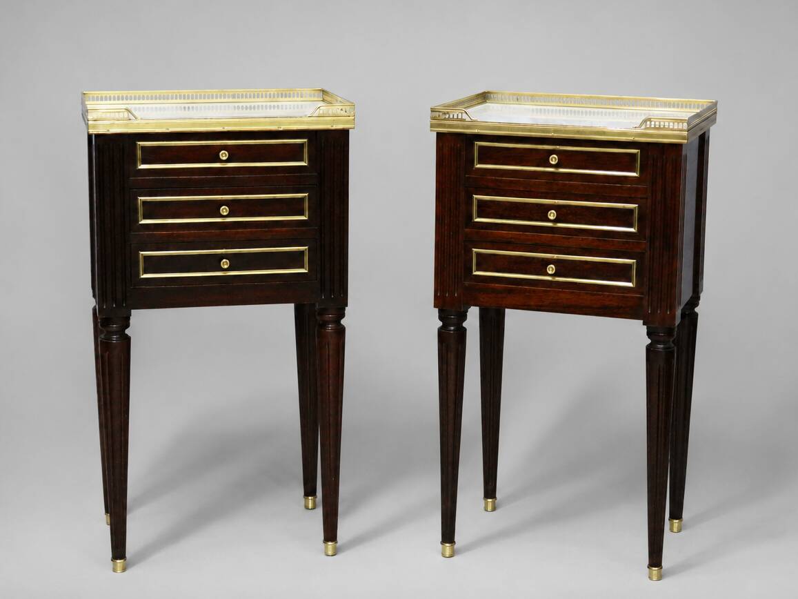 Pair of Mahogany Nightstands with White Carrara Marble in Louis XVI Style