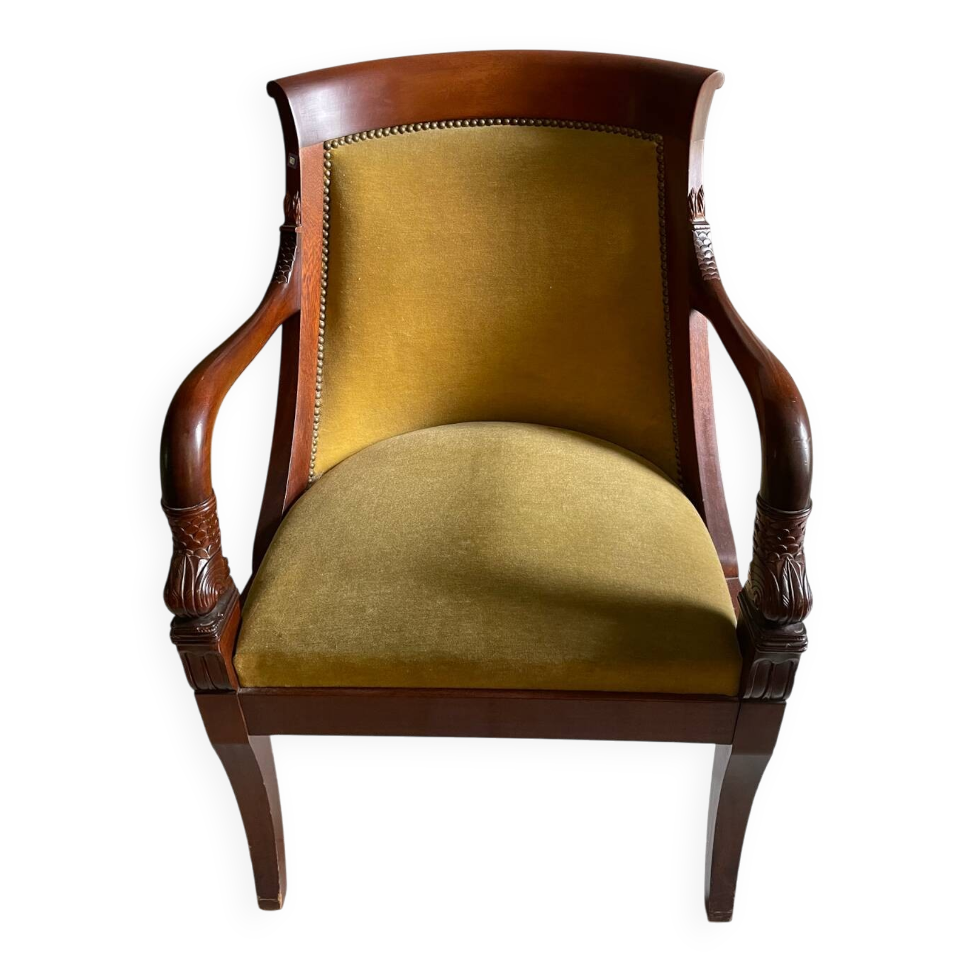 Empire armchair in green velvet and mahogany