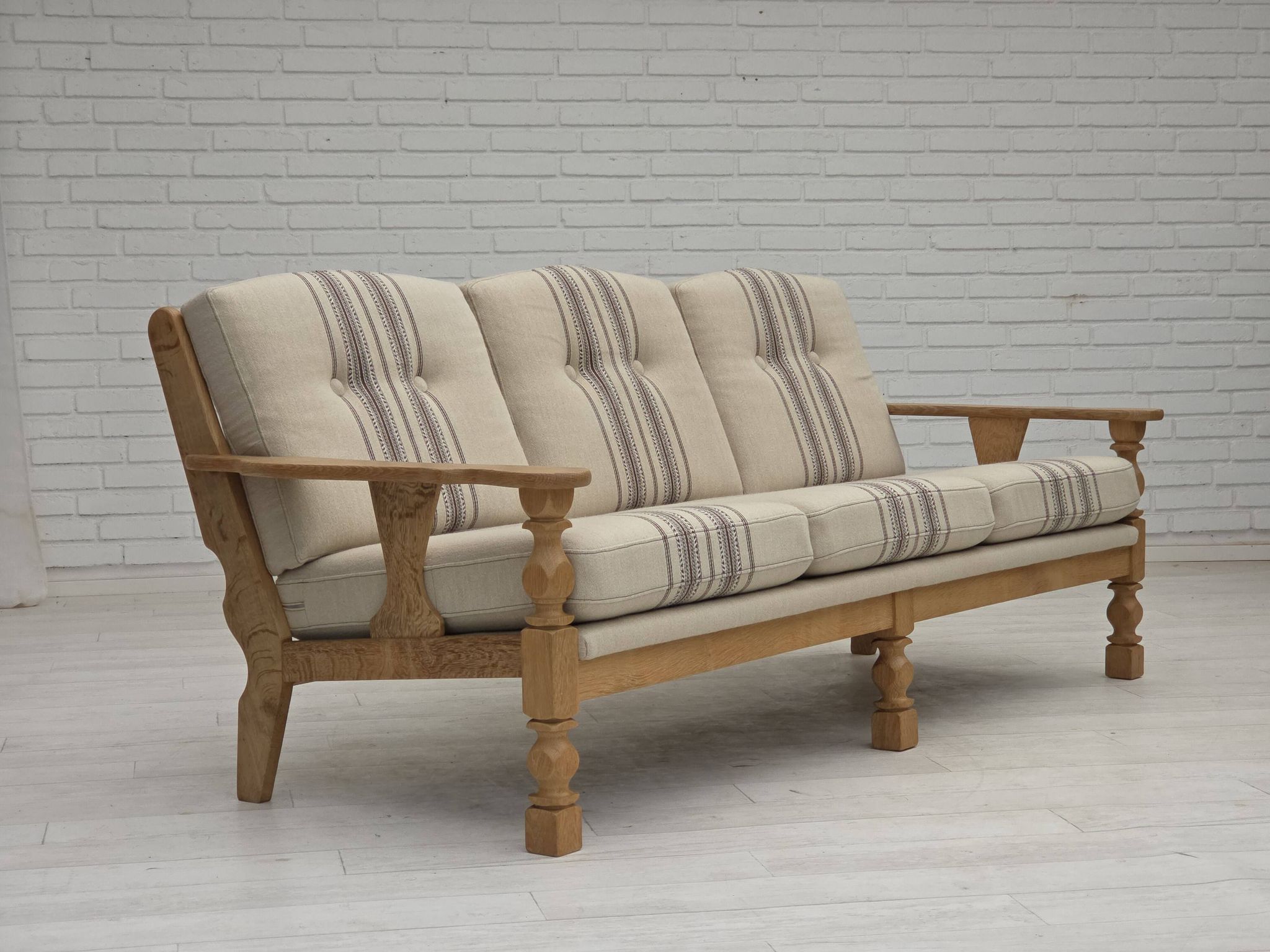 1970s, Danish 3-seater sofa, beige furniture wool, solid oak wood.