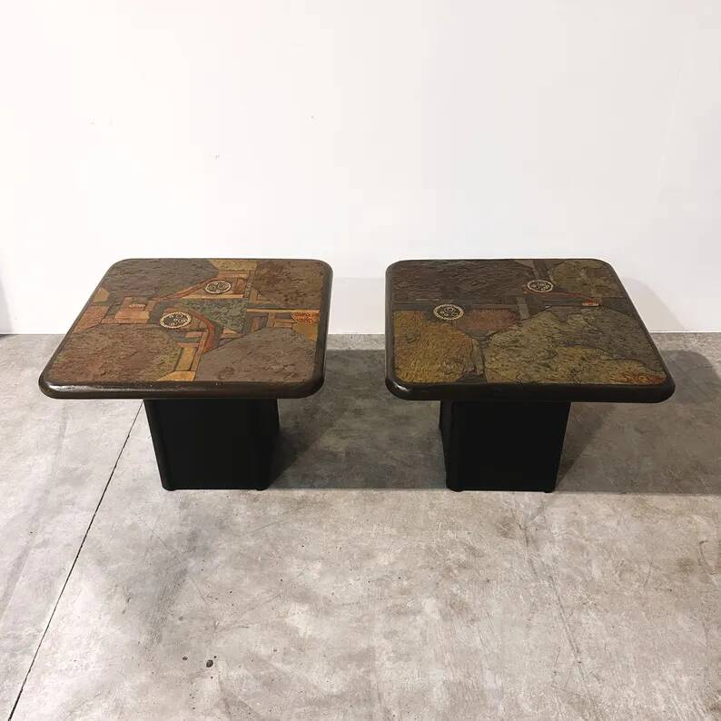 Pair of vintage Kneipp side tables with sculptural tops in mixed materials, 1970s