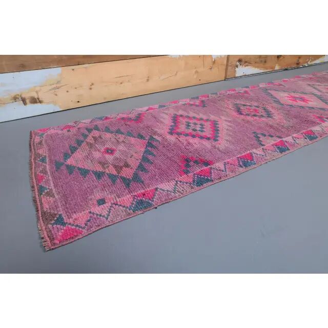 1970s Turkish handmade wool pink diamond runner 82x337