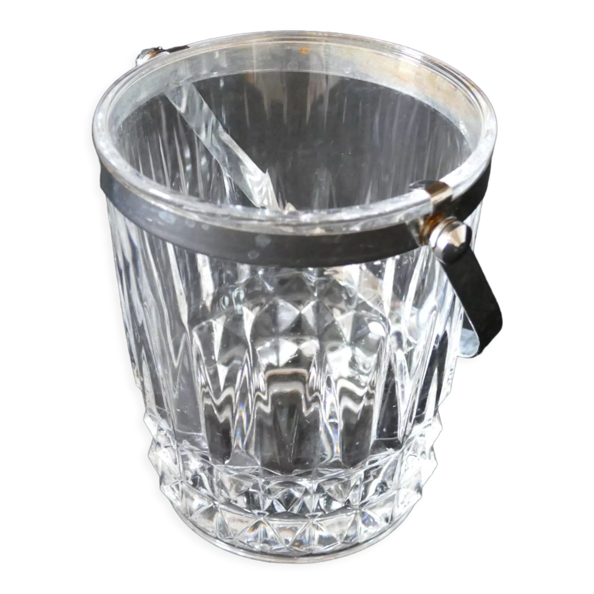 Vintage glass ice bucket stamped with a metal handle