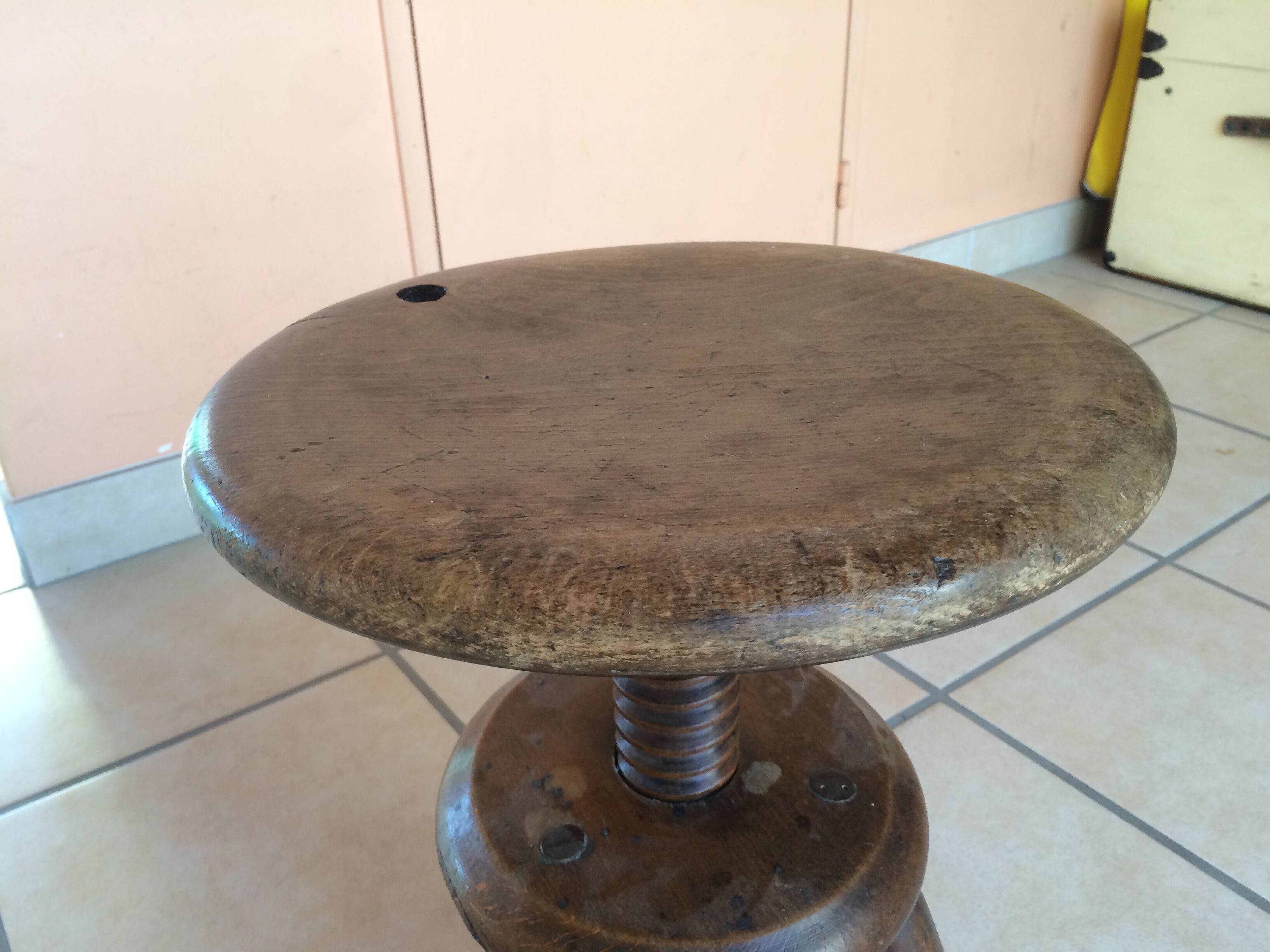 Old solid oak stool adjustable in height 50