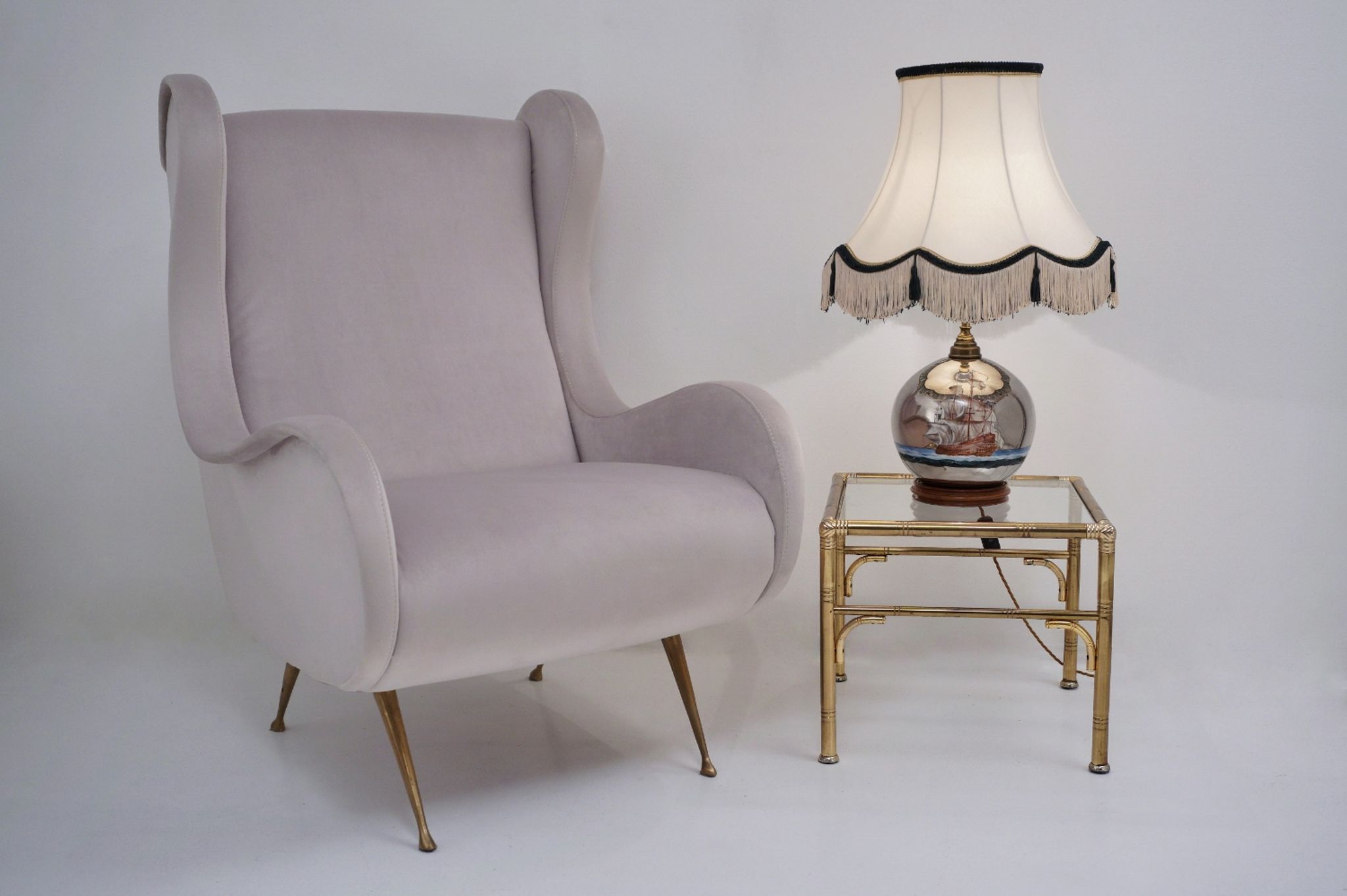 Lampe de table antique en verre mercure, galion et navire, soufflé à la main, années 1920, anglais, recâblé