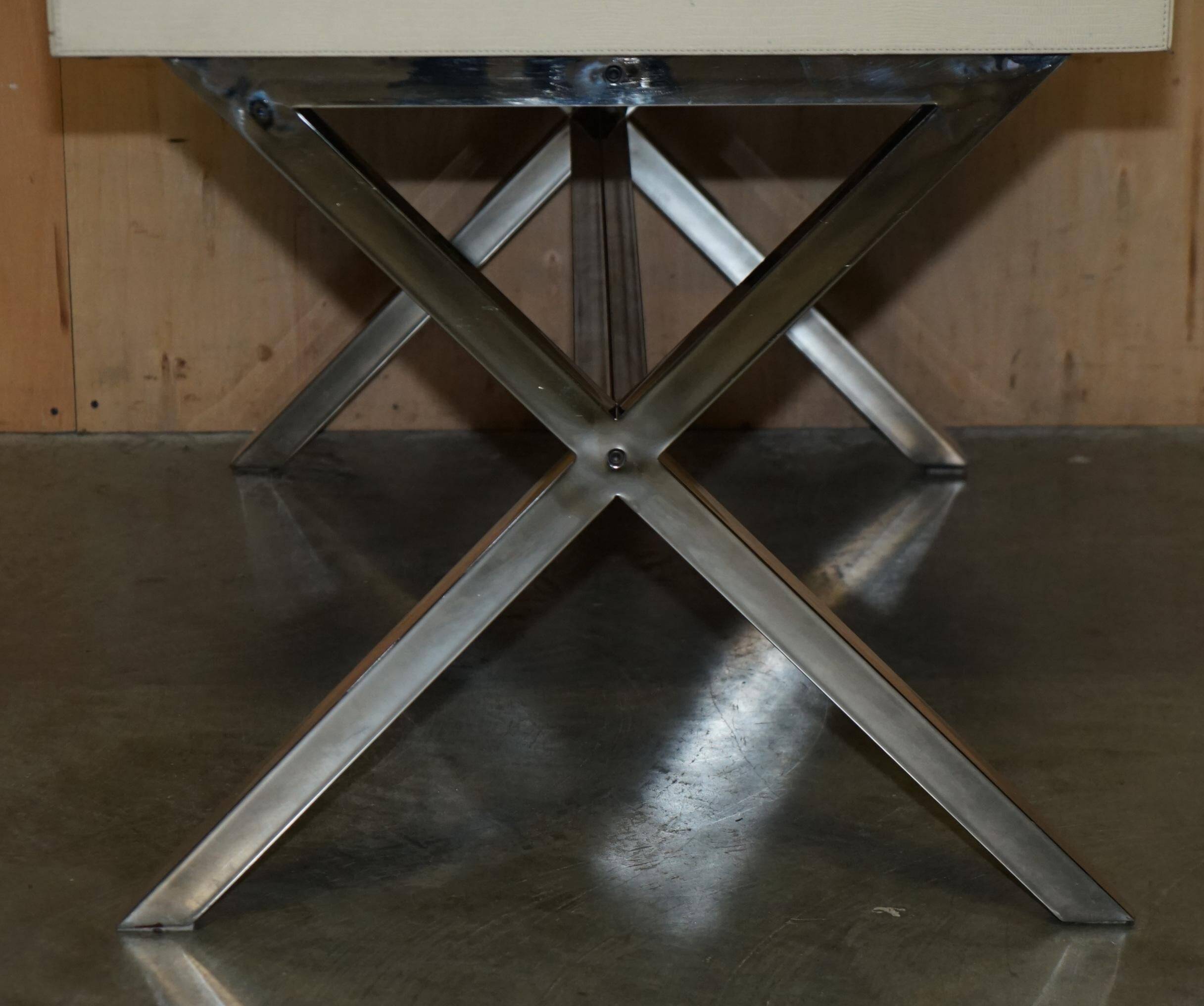 Vintage writing desk with chrome X-shaped top and patinated crocodile leather.