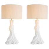 Pair of white and brass table lamps, linen shades.