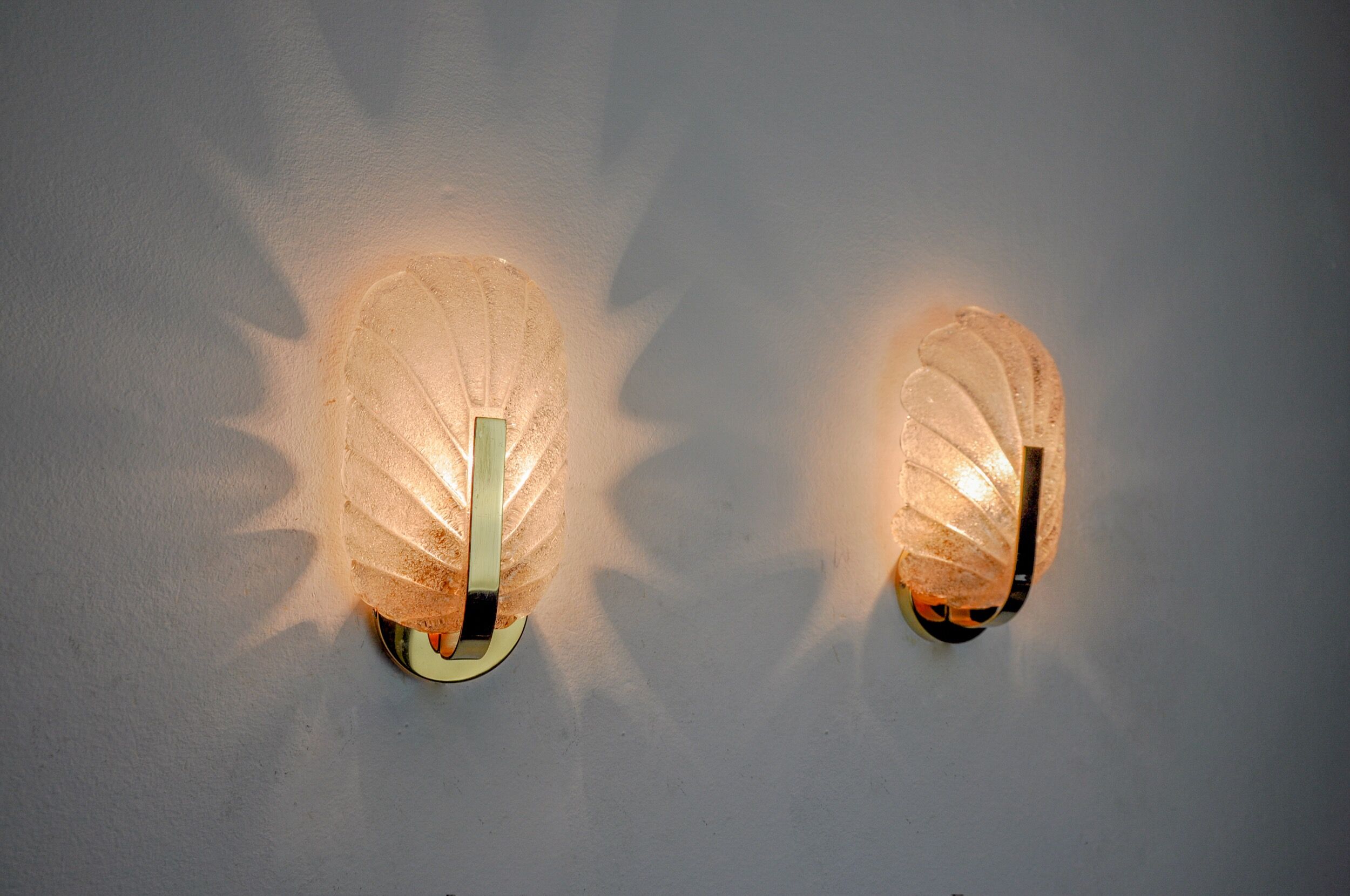 Pair of frosted leaf sconces, murano glass, italy, 1970
