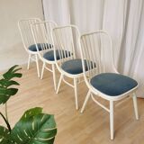 Set of 4 Vintage Bentwood White Dining Chairs in Ligna Style wit Blue Seat