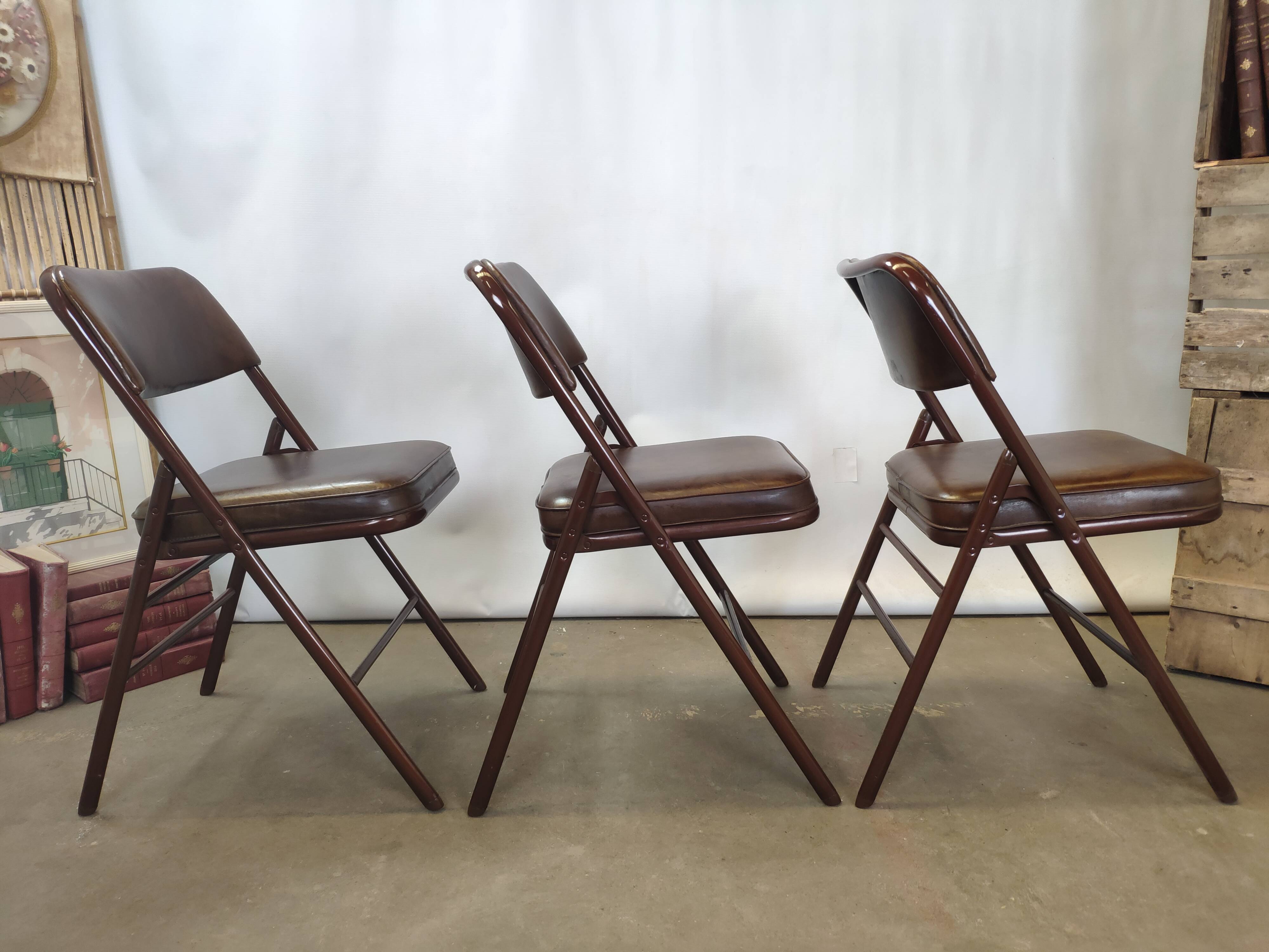 Rare suite de 3 chaises Samsonite 1977 assise marron