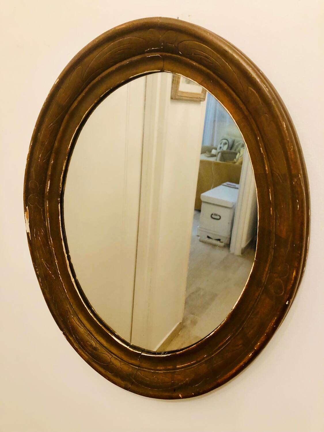 Old art deco oval wooden mirror