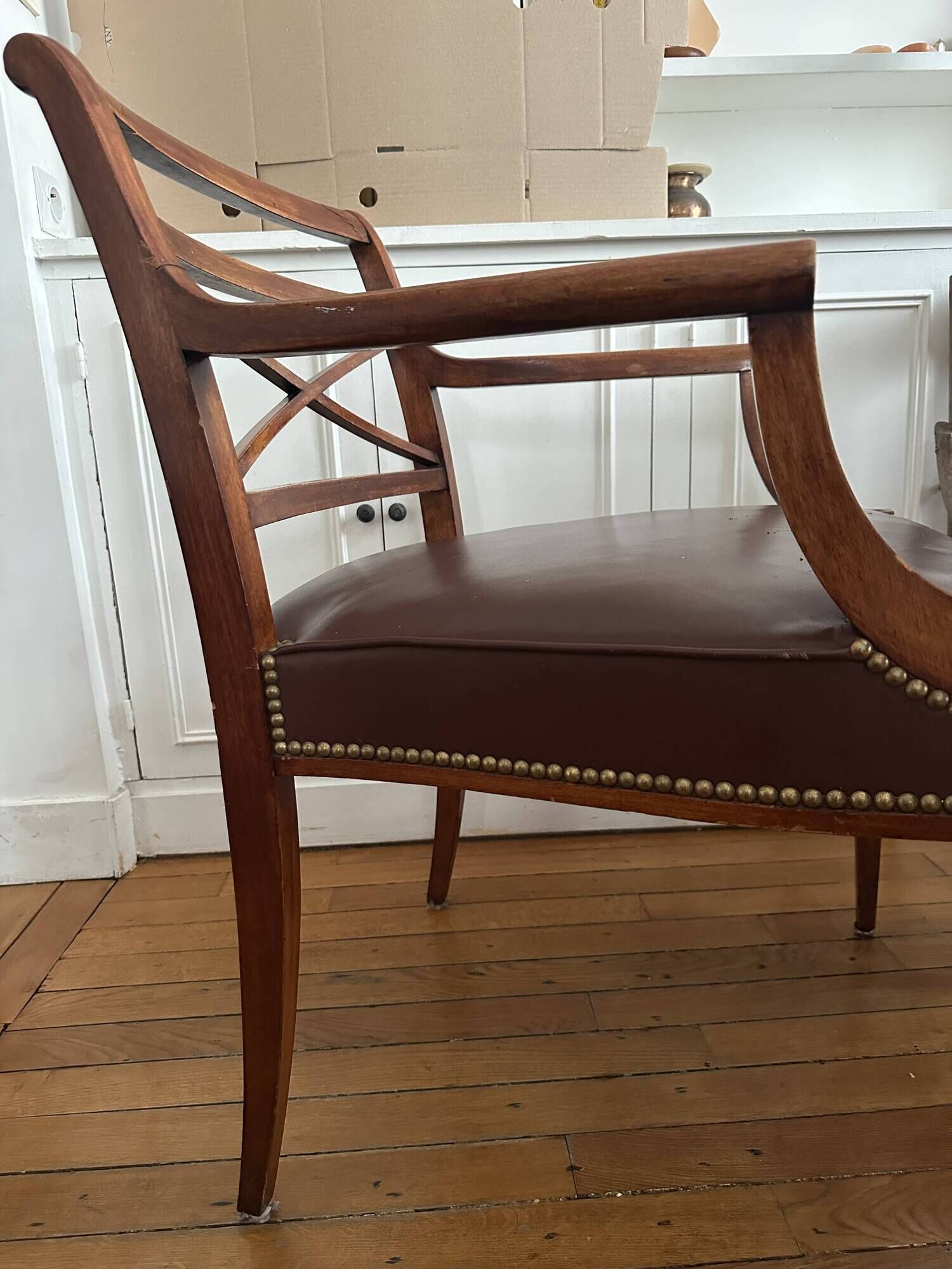 Pair of leather and wood bridge armchairs – Directoire style, 1940s