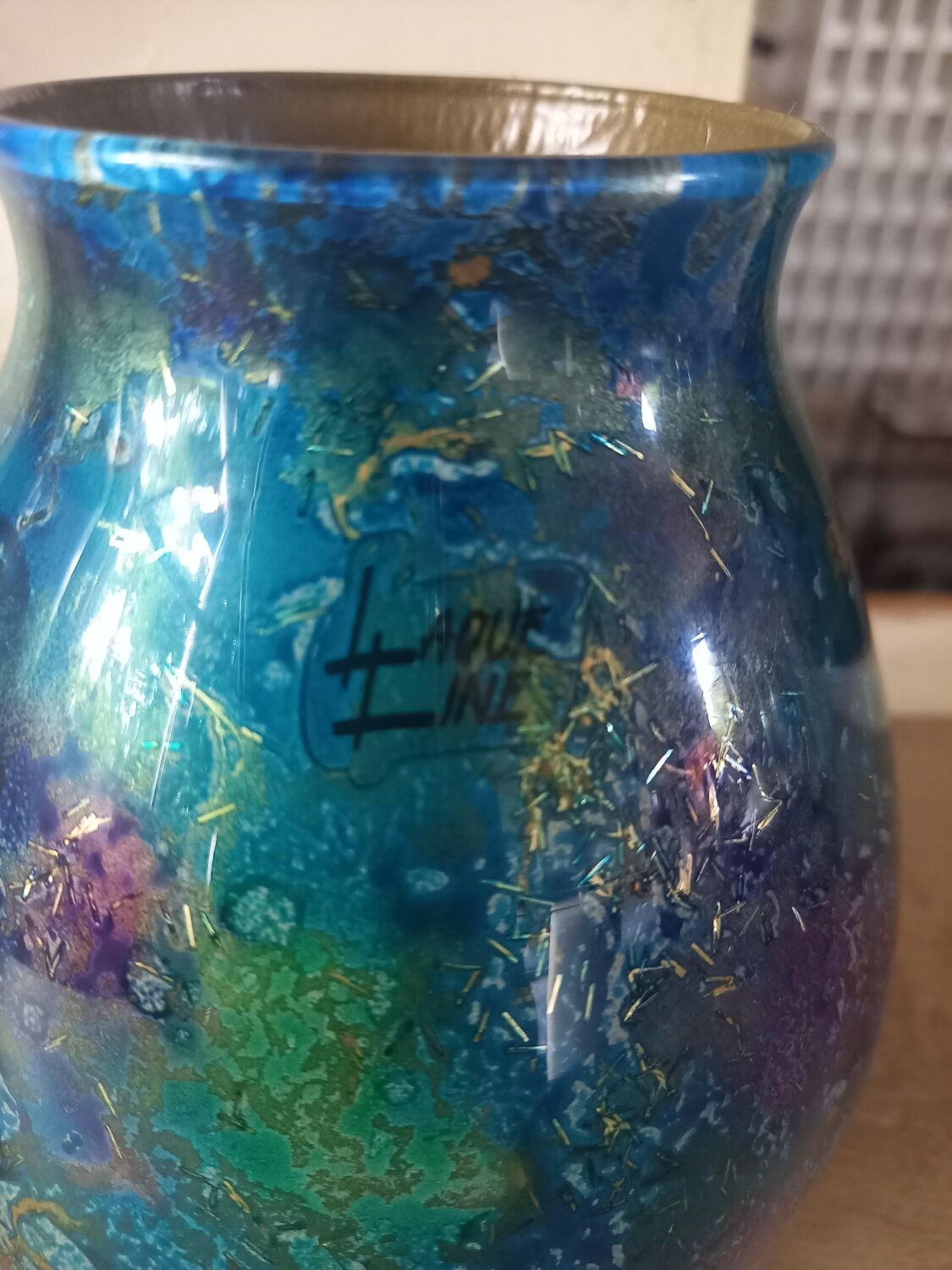 Vase Laque Line verre eglomisé vintage 80