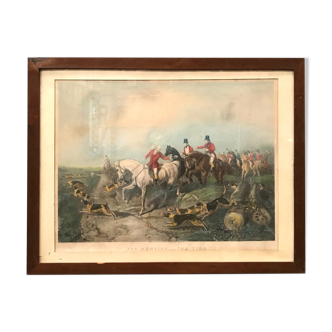Framed English engraving "The hunt" 20th century