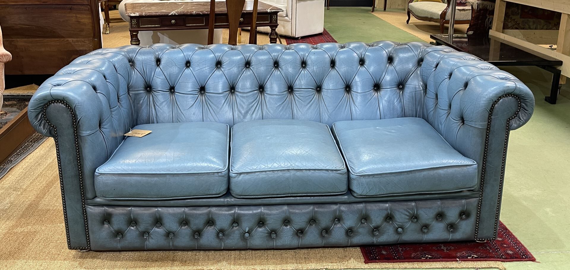 English Chesterfield 3-seater sofa in blue leather from the 1980s