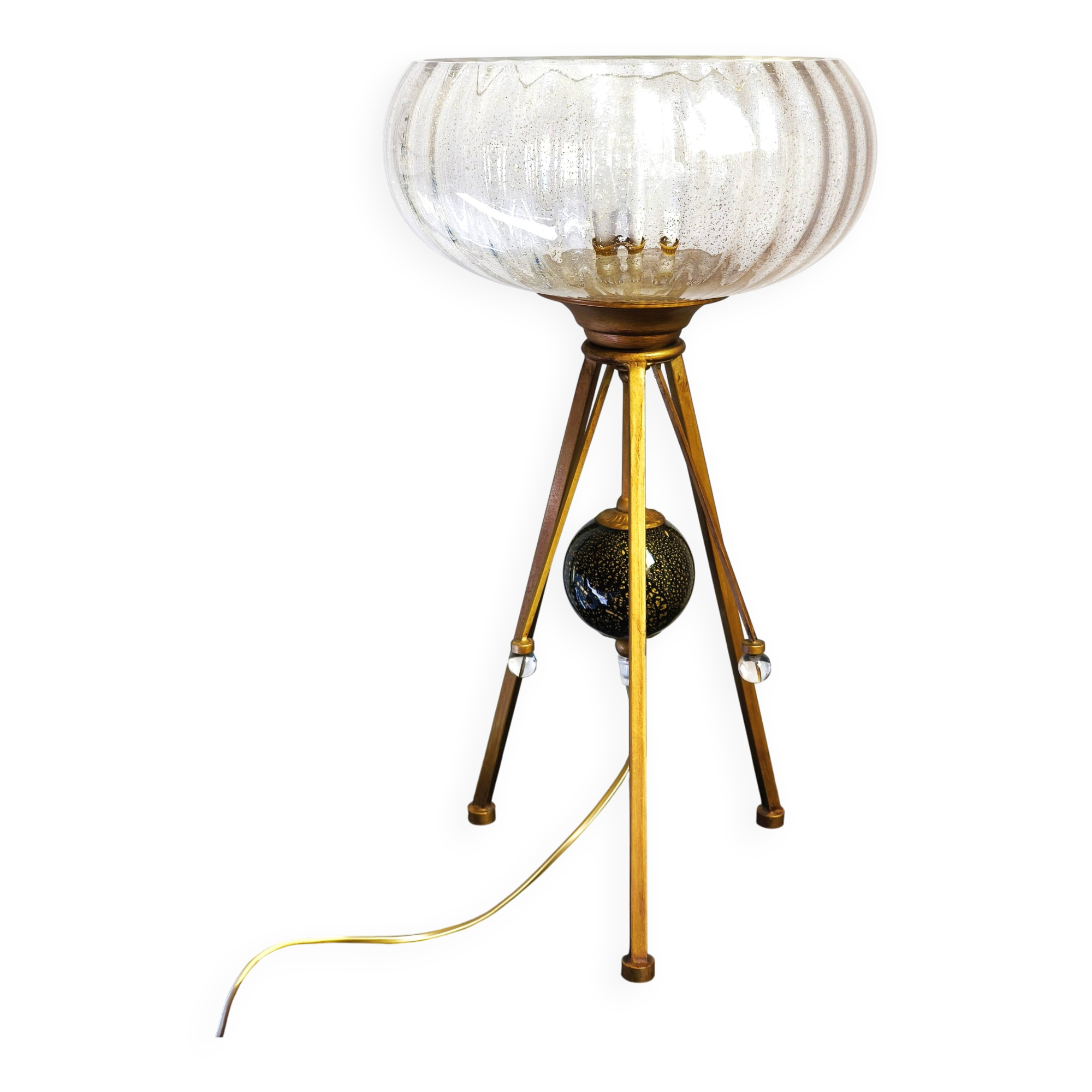 Lampe tripode italienne vintage Gallo en verre à inclusions dorées