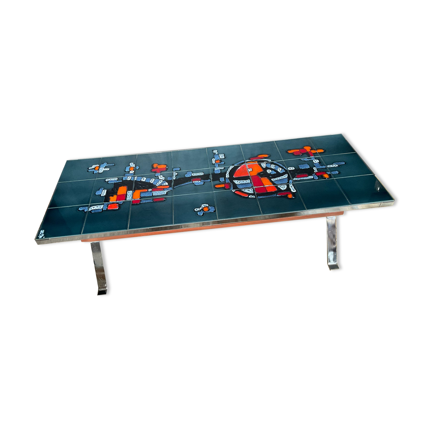 Coffee table in signed ceramic and chromed metal 70s